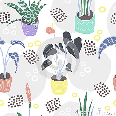 Flat color houseplants in pots had drawn pattern Stock Photo